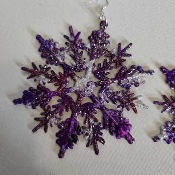 HANDCRAFTED Snowflake Pierced Earrings ARTISAN HANDMADE Holiday Jewelry 4 inches - Picture 5 of 17